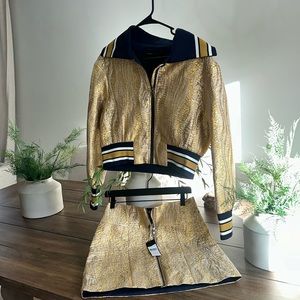 BCBG MAXAZRIA Metallic Gold Jacquard Baseball Varsity Jacket Coat skirt